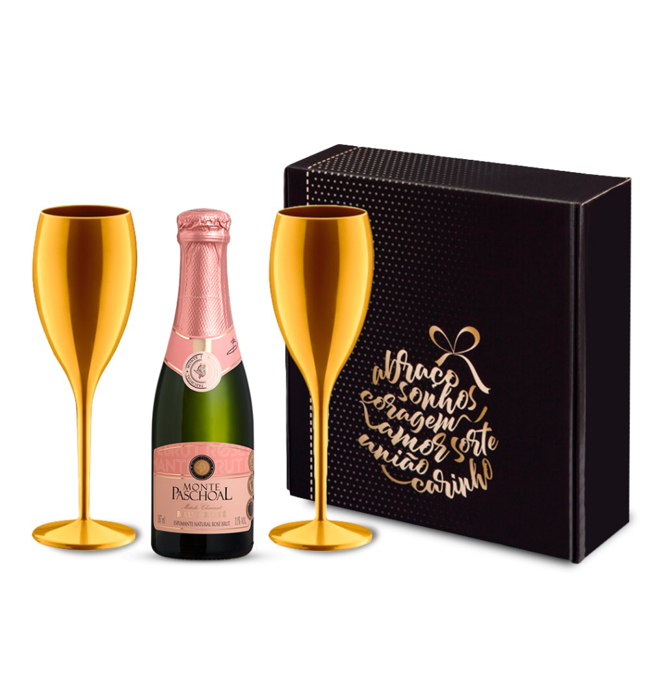 Kit Espumante Monte Paschoal Brut Rosé 187ml com 2 taças